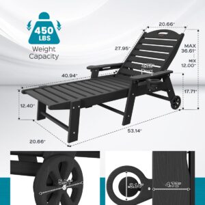 Chaise Lounge Chair Outdoor with Wheels, Double Cup Holders Adjustable 5-Position Chaise Lounge Outdoor with Wood Texture, Patio Lounge Chair for Poolside Backyard, Black