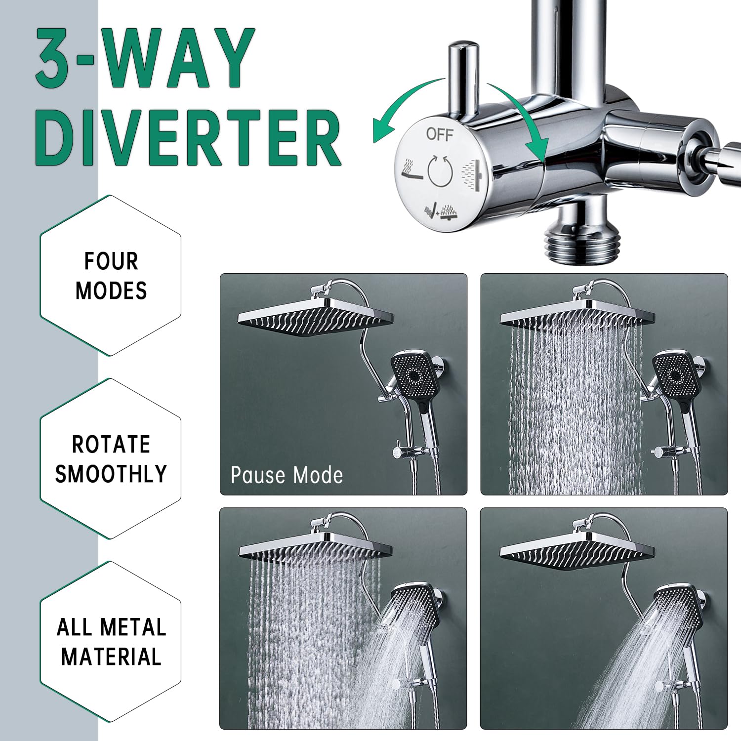 V-Frankness 13-Inch Shower Heads with Multi-Function Handheld Sprayer Combo, 3-Way Metal Extended Diverter with Holder and Metal Adjustable Curved Shower Extension Arm, Extra Long Hose Chrome