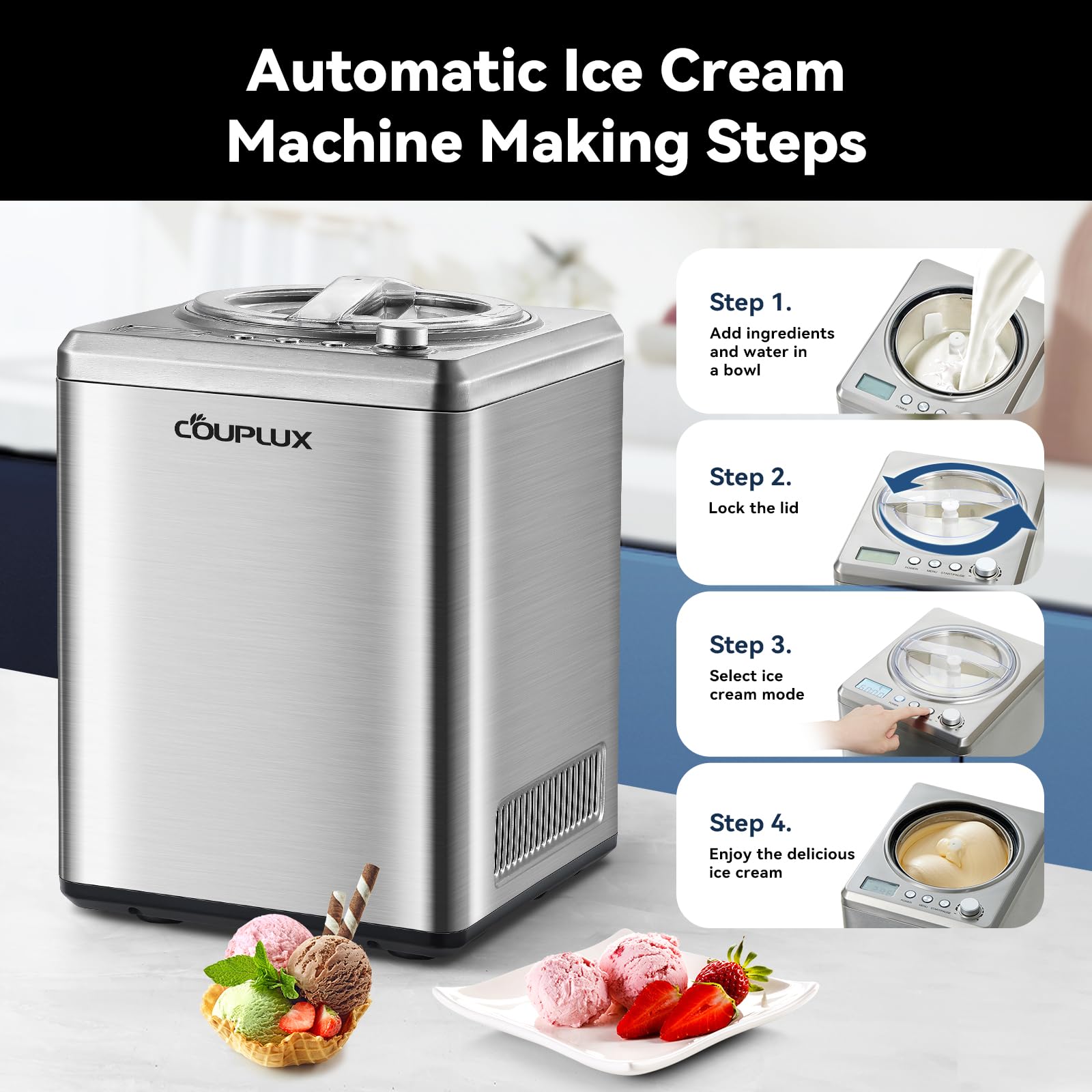 COUPLUX Ice Cream Maker with Compressor, [2.64QT& 3 Modes& 250W] Auto Ice Cream Machine - No Pre Freezing Ice Cream Maker Machine Gelato Machine with LCD Display Timer, 2H Keep Cool, Stainless Steel