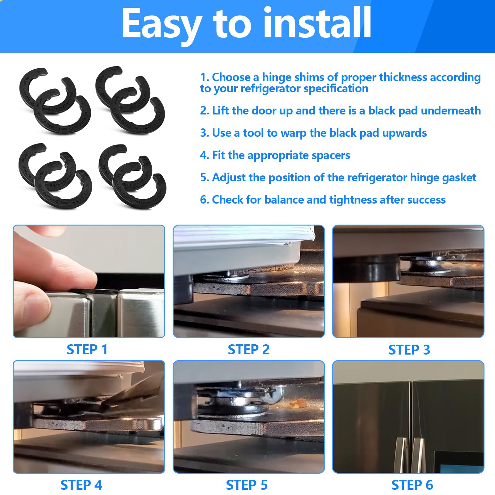 8 Pcs DA99-04158A Hinge Shim Refrigerator Door Height Adjustment Kits, for Samsung 3282540, DA60-00314C, PS6448337 AP5668209 Refrigerator Door Shims Replacement Parts, 4 Different Thickness