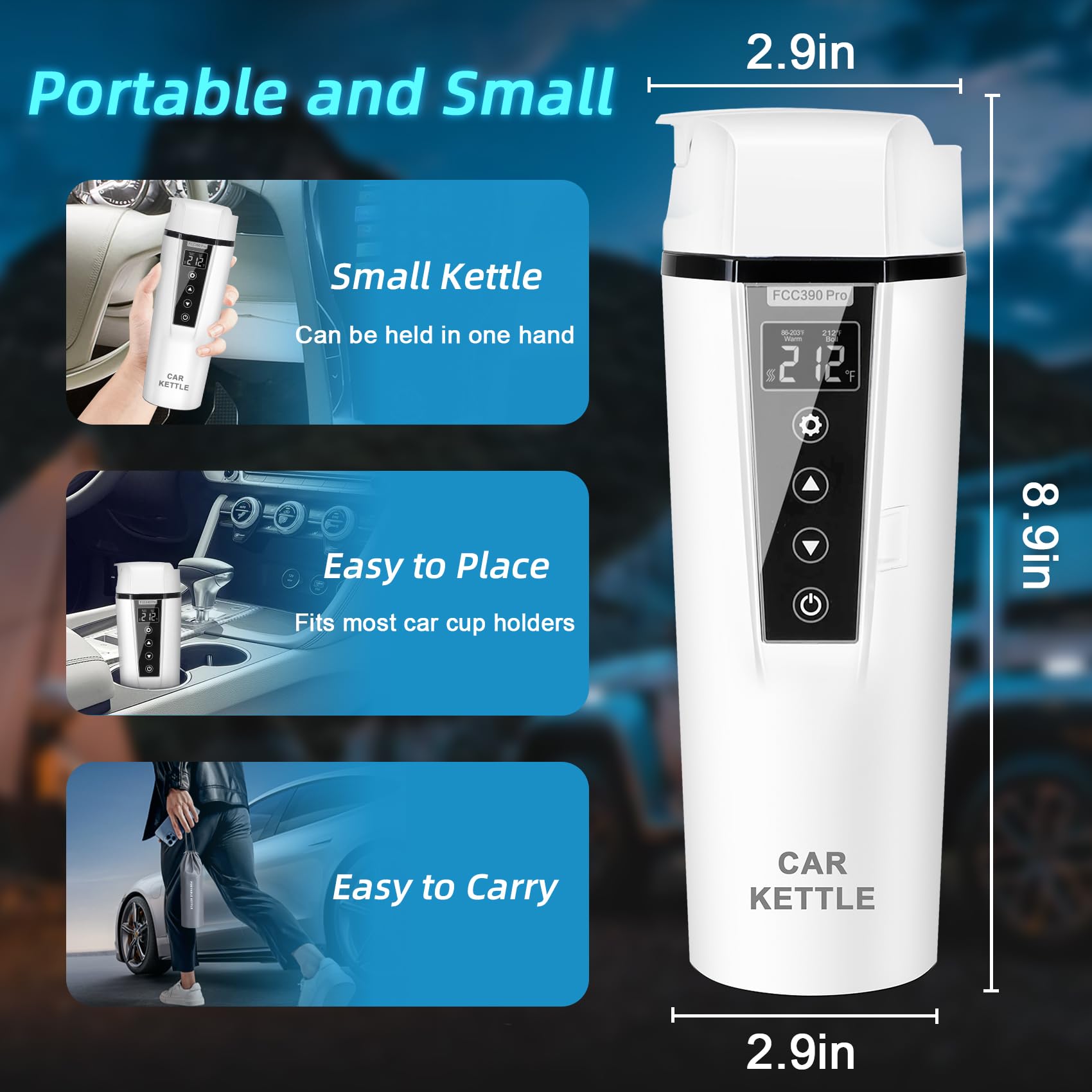 Car Electric Kettle: 12V/24V Portable Water Boiler Heated Travel Mug,Multiple Temperature Adjustable Coffee Tea Truck Cup with 304 Stainless Steel Dry Burn Protection & Handy Cup Bag