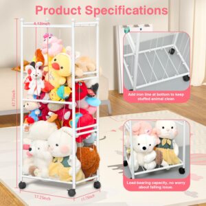 【Metal Tubes】Stuffed Animal Storage, Plush Toy Storage Organizer Shlf, Extra Large Stuffed Animal Holder With 360° Brake Wheels, Stuffed Animal Zoo Storage For Nursery Playroom Kids Room, White