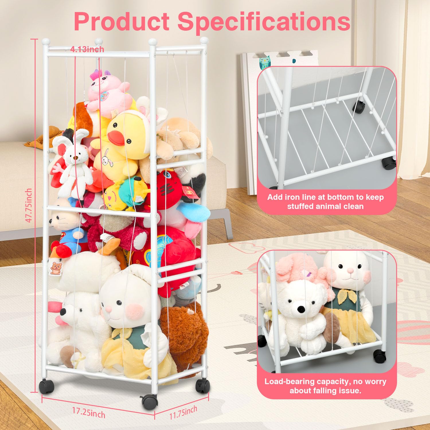 【Metal Tubes】Stuffed Animal Storage, Plush Toy Storage Organizer Shlf, Extra Large Stuffed Animal Holder With 360° Brake Wheels, Stuffed Animal Zoo Storage For Nursery Playroom Kids Room, White