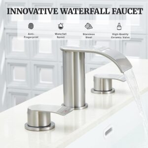 Ultimate Unicorn 8 inch Bathroom Faucet Brushed Nickel, Waterfall Bathroom Sink Faucet with Metal Pop-up Sink Drain Stopper and 2 Supply Hoses,2 Handle Widespread Faucet for Vanity Sink 3 Holes