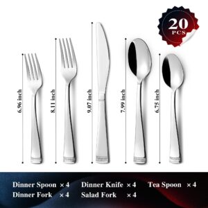 KINGSTONE Silverware Set, 20 Piece Flatware Set for 4, Premium Stainless Steel Cutlery Set with Bead Edge, Mirror Polished Kitchen Utensil Set for Home, Party, Wedding