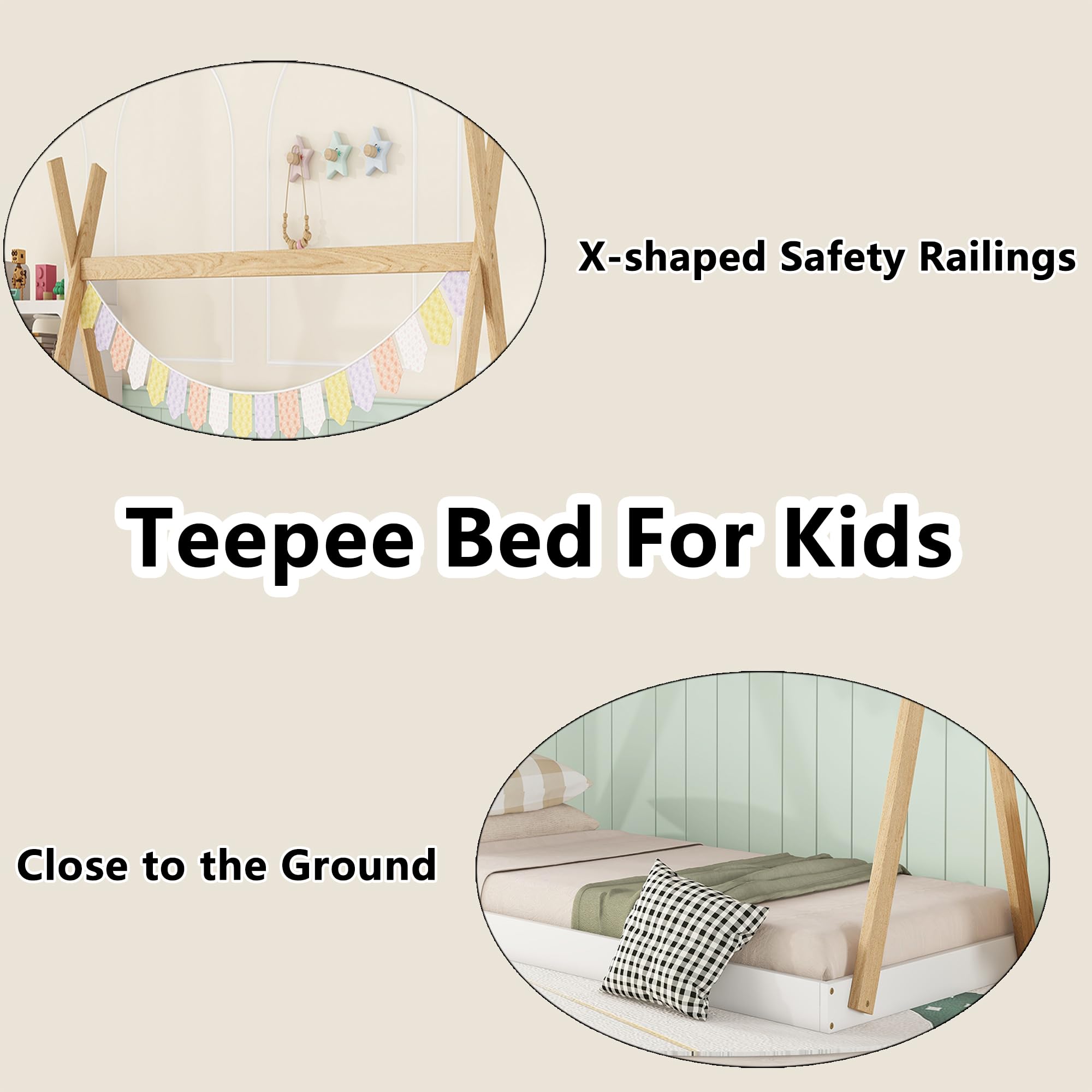 Bellemave Twin Size Tent Floor Bed Frame with Triangle Structure, Teepee Bed Platform Bed for Kids,Montessori Floor Bed for Girls Boys(Twin,White+Natural)