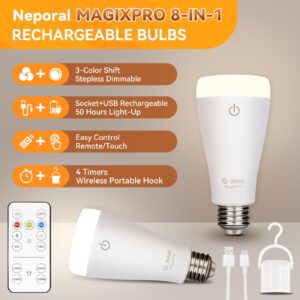 Neporal MagixPro Rechargeable Light Bulbs with Remote, Last 5-52 Hours, USB + Socket Rechargeable,1800mAh Battery Light Bulb, 3 Colors Shift + Stepless Dimmable (MagicPro, 4, Count)