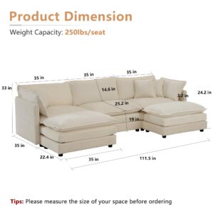 mikibama Modular Sectional Sofa, 111.5 Inch U Shaped Couch Set for Living Room, 3-Seater Comfy Cloud Couches with Movable Ottoman, DIY Combination, Chenille, Light Coffee