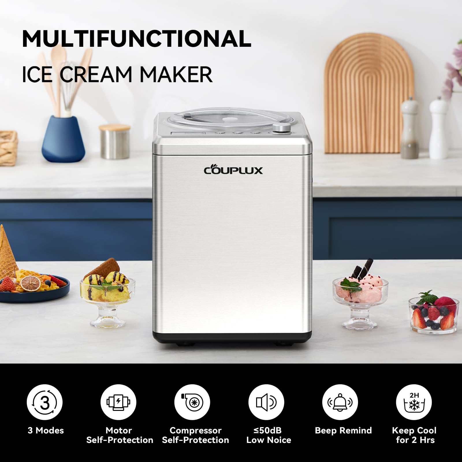 COUPLUX Ice Cream Maker with Compressor, [2.64QT& 3 Modes& 250W] Auto Ice Cream Machine - No Pre Freezing Ice Cream Maker Machine Gelato Machine with LCD Display Timer, 2H Keep Cool, Stainless Steel