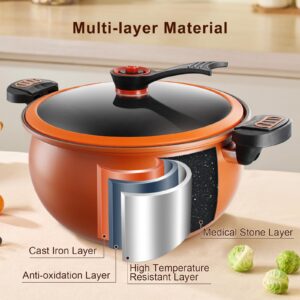 FNT 8 Qt Orange Stock Pot with See-through Lid Standing, Crock Pot with Twist & Lock Handles, Micro Pressure Cooker 8 qt, Healthy Coating Cooking Pot for Gas, Induction, Electric Stoves