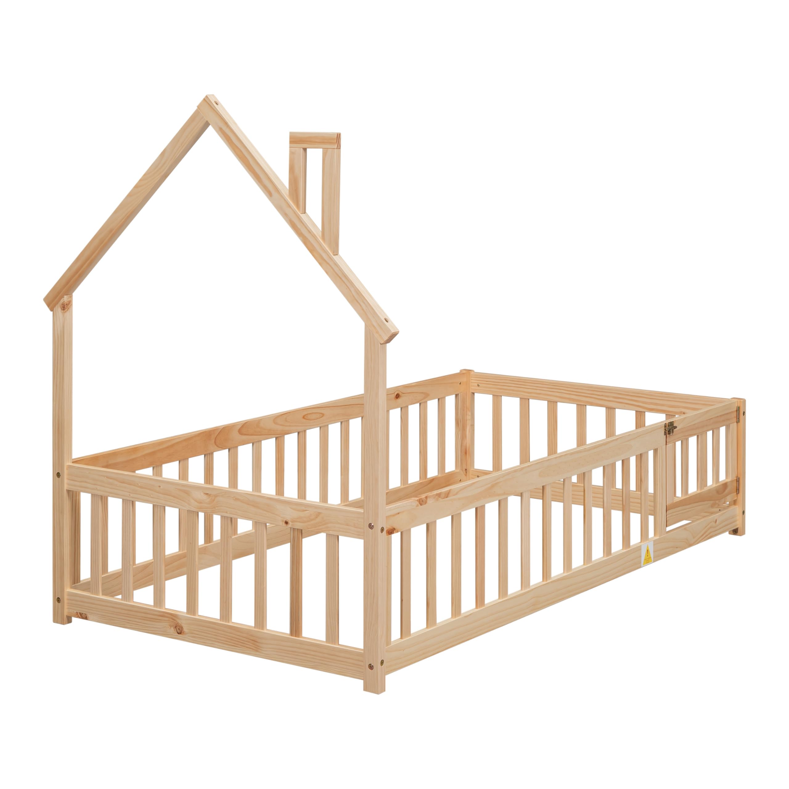 MWrouqfur Wooden Toddler Floor Bed Frame,Twin Size Montessori Bed Frame with Fence and Gate Door for Toddlers 1-3 Kids Girls Boys,House-Shaped Headboard (Natural, Twin)