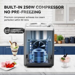 COUPLUX Ice Cream Maker with Compressor, [2.64QT& 3 Modes& 250W] Auto Ice Cream Machine - No Pre Freezing Ice Cream Maker Machine Gelato Machine with LCD Display Timer, 2H Keep Cool, Stainless Steel