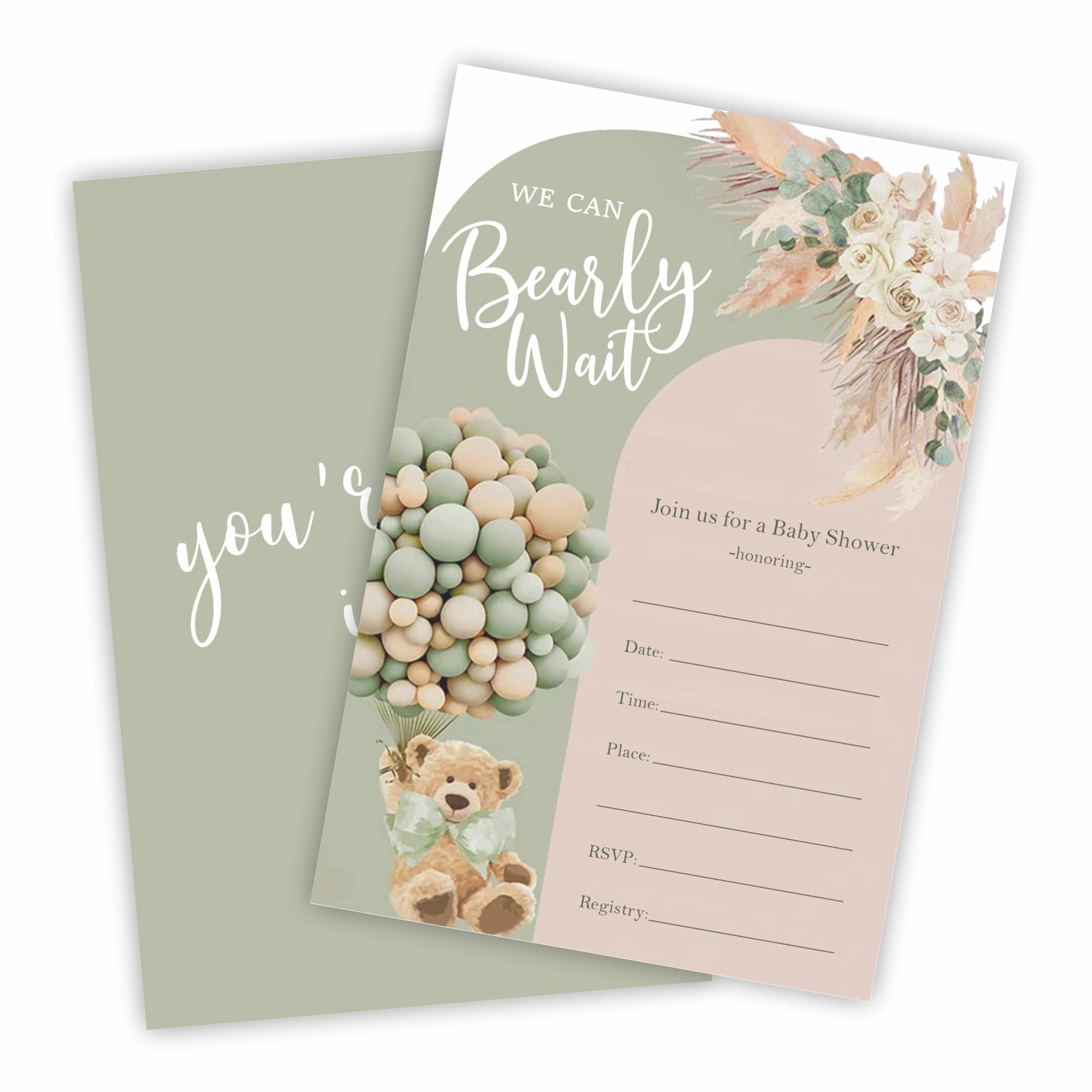 We Can Bearly Wait Baby Shower Invitation, 20 Boho Floral & Bear Balloon Double-Sided Fill-In Invites With Envelopes, For Boys And Girls Baby Announcement, Gender Reveal Party Favor & Supplies - B01