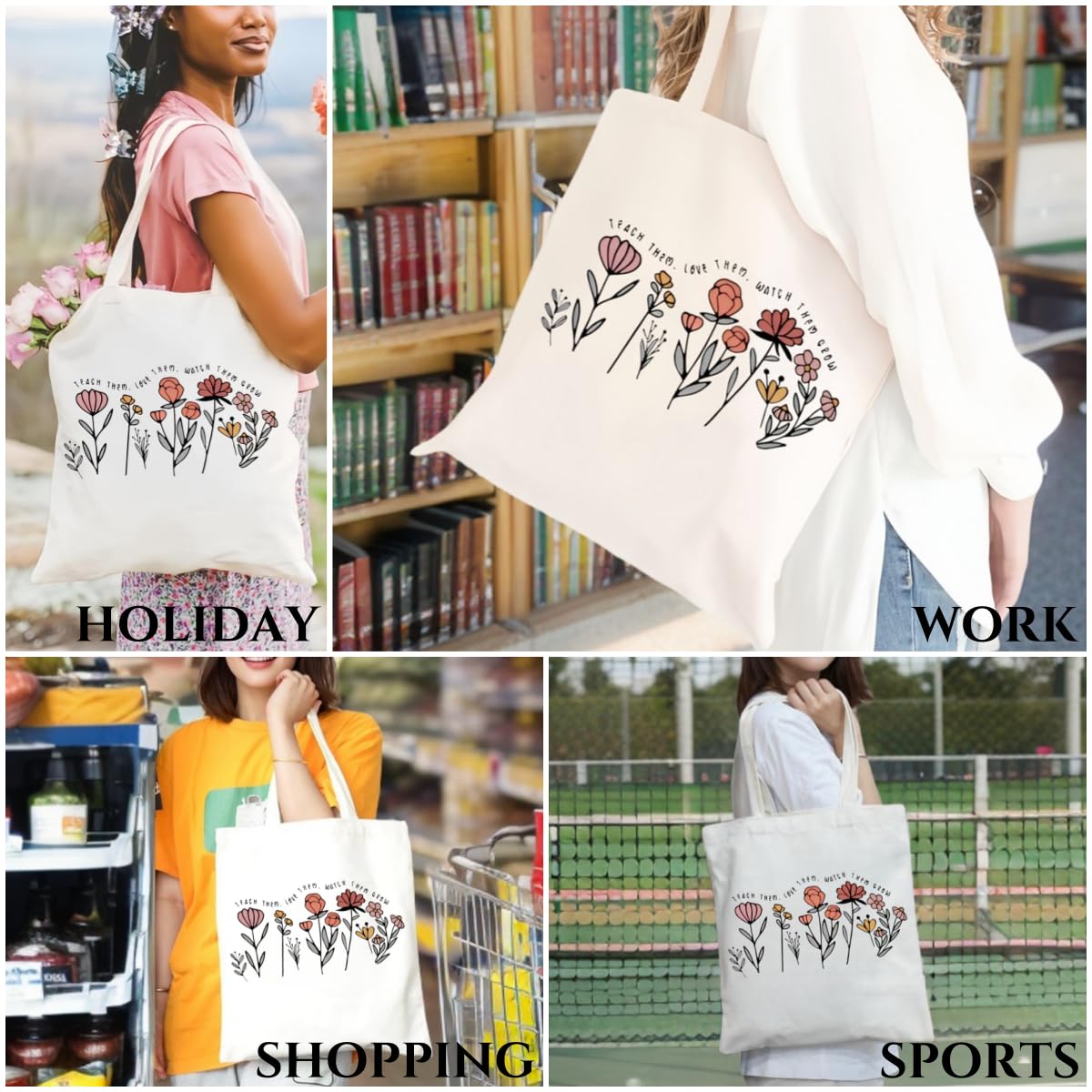 Glowave Canvas Tote Bag with Flower Pattern Teacher Tote Bag Beach Bag Cute Shopping Bags Shoulder Bag Reusable Grocery Bags