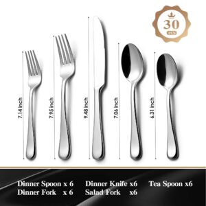 KINGSTONE 30 Pieces Silverware Set for 6, Premium Stainless Steel Flatware Set, Heavy Duty and Modern Design Cutlery Set, Mirror Polished, Dishwasher Safe