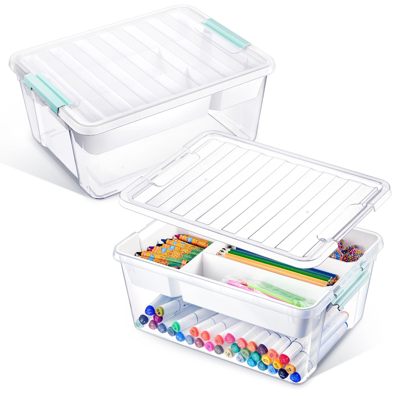 Juexica 2 Pcs 10 Qt Plastic Storage Box with Removable Tray Clear Craft Organizers and Storage Stackable Art Craft Bins Art Supply Organizers for Toy Containers Sewing Bead Tool Crayon Stationery Clay