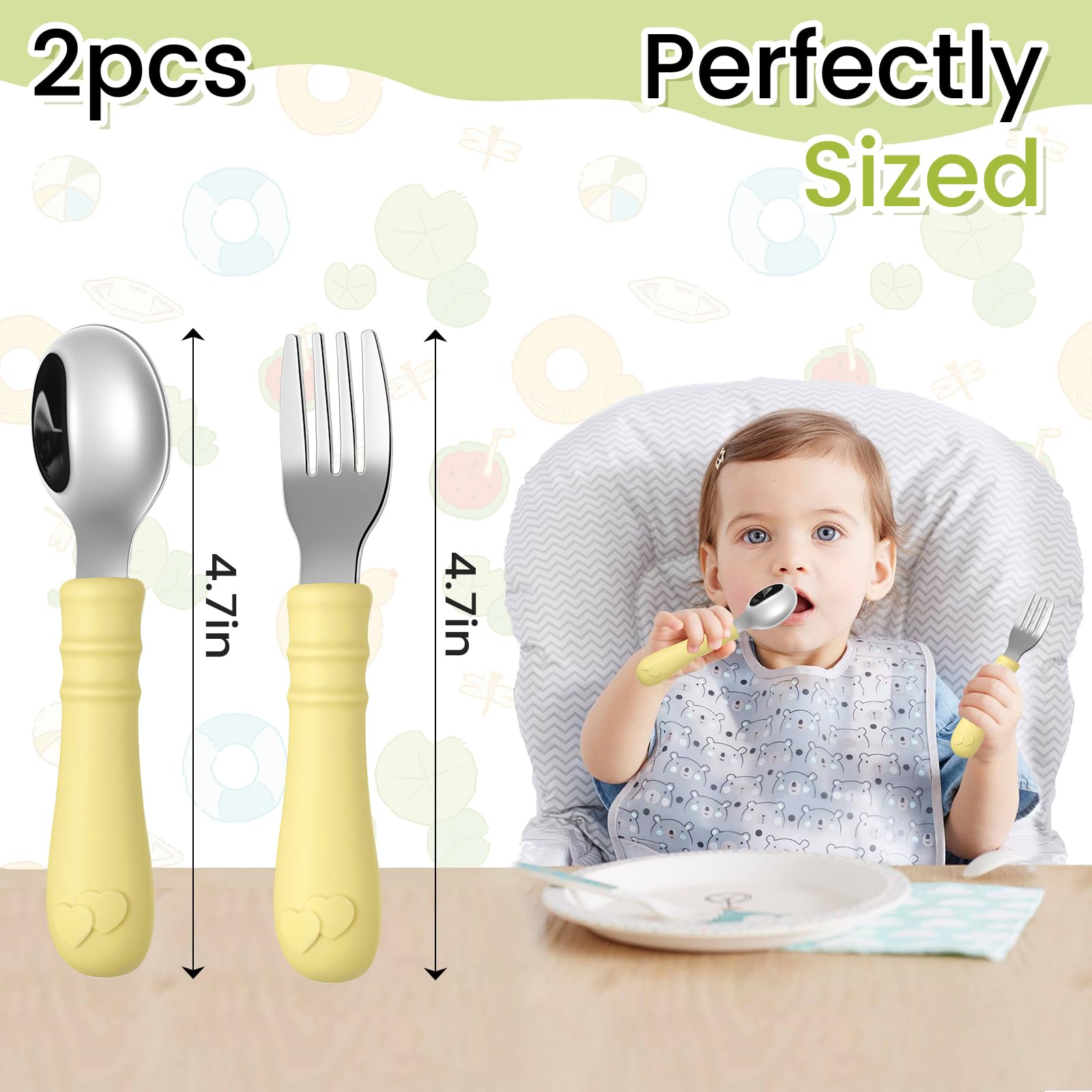 HAKSEN Toddler Forks and Spoons, Kids Silverware with Silicone Handle, Perfect Length for Baby Spoons Self Feeding, Stainless Steel Cutlery