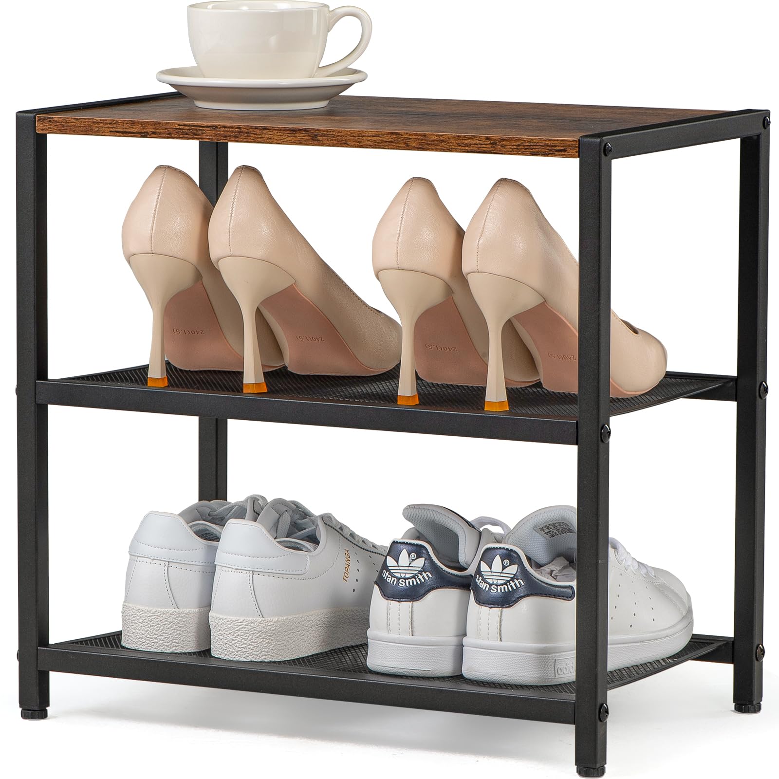 Aroktake Small Shoe Rack for Entryway, 3-Tier Metal Shoe Shelf, Free Standing Shoe Organizer for High Heels, Hallway, Closet, Bedroom, Living Room(Rustic Brown)