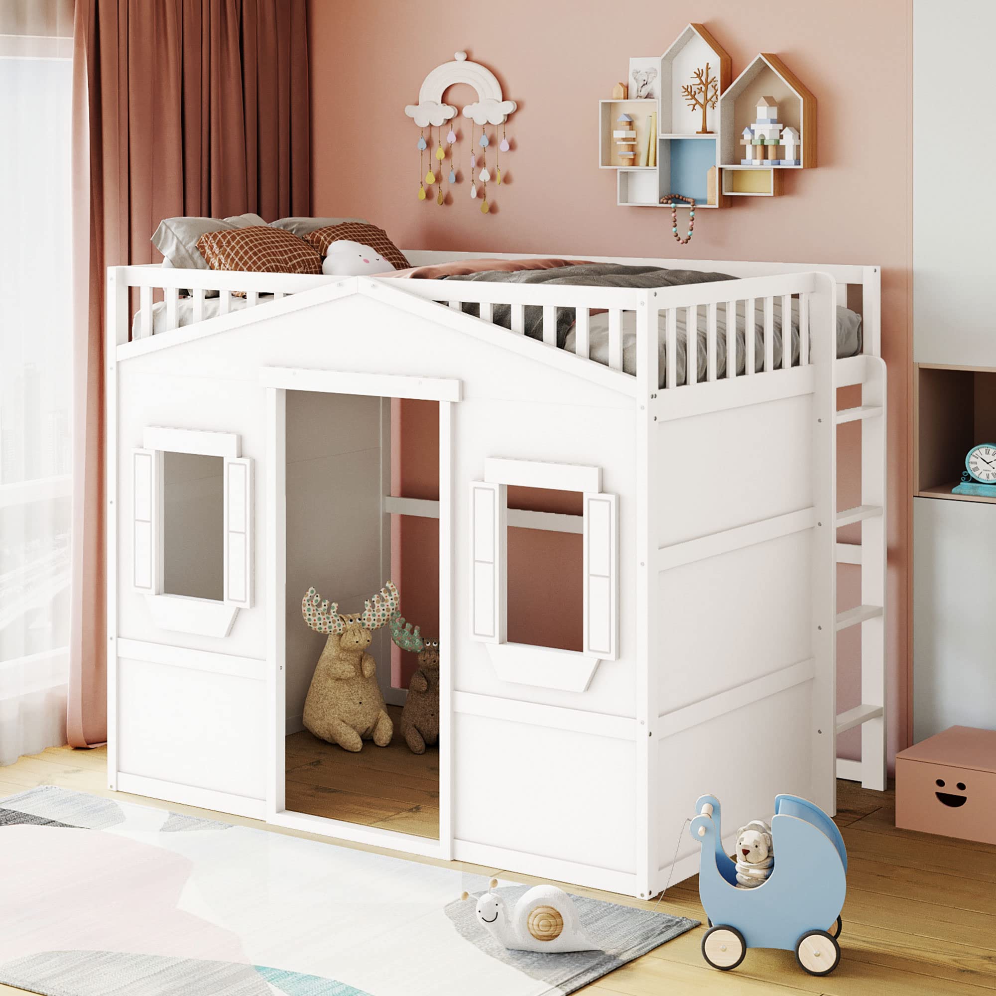 Harper & Bright Designs House Loft Bed Full Size Kids Playhouse Bed, Solid Wood Loft Bed Frame with Window and Ladder, for Girls Boys (Full Size, White)