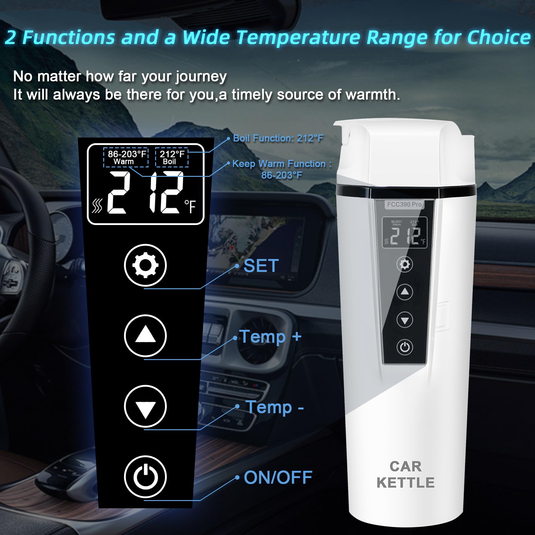 Car Electric Kettle: 12V/24V Portable Water Boiler Heated Travel Mug,Multiple Temperature Adjustable Coffee Tea Truck Cup with 304 Stainless Steel Dry Burn Protection & Handy Cup Bag