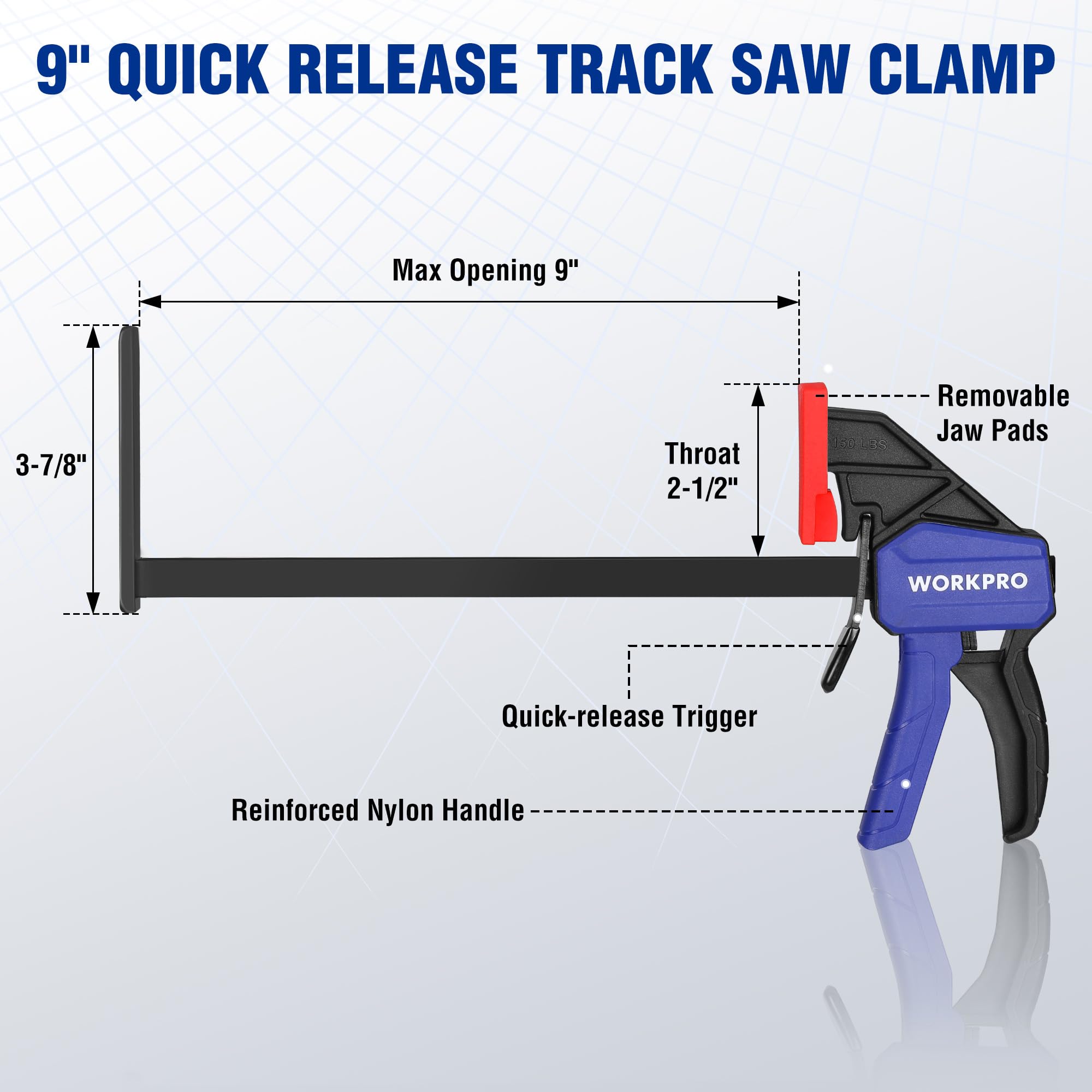 WORKPRO 9" Track Saw Clamps, Quick Release Track Saw Guide Rail Clamp for Woodworking, Circular Saw Guide Rail System, 150lbs Load Limit x 2-1/2" Throat Depth, 2PC