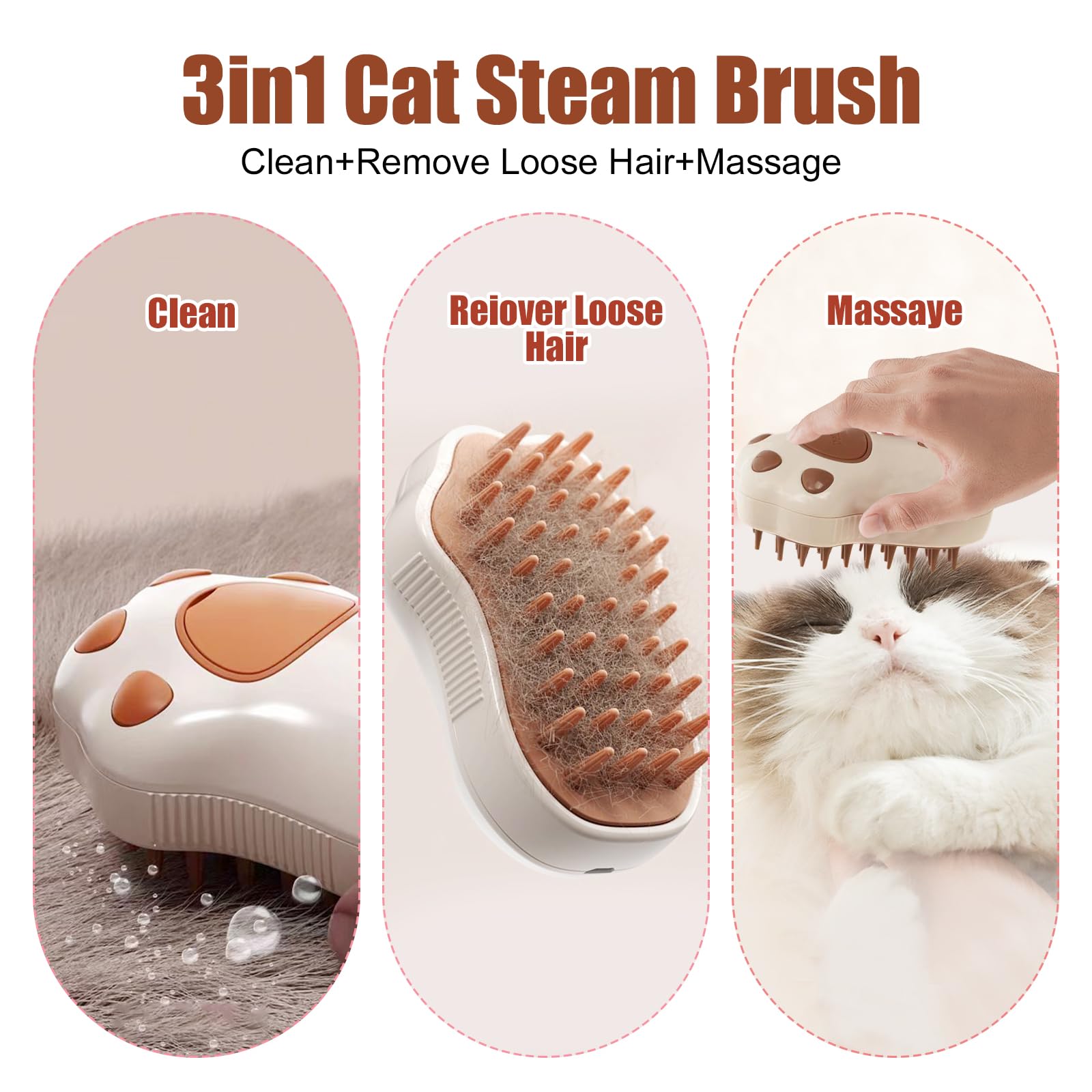 Cat Steam Brush for Shedding, Rechargeable Cat Claw 3 in 1 Cat Grooming Tool for Massaging, Self-Cleaning, and Pet Hair Removal for Long and Short Hair of Cat and Dog (Brown)