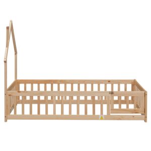 MWrouqfur Wooden Toddler Floor Bed Frame,Twin Size Montessori Bed Frame with Fence and Gate Door for Toddlers 1-3 Kids Girls Boys,House-Shaped Headboard (Natural, Twin)