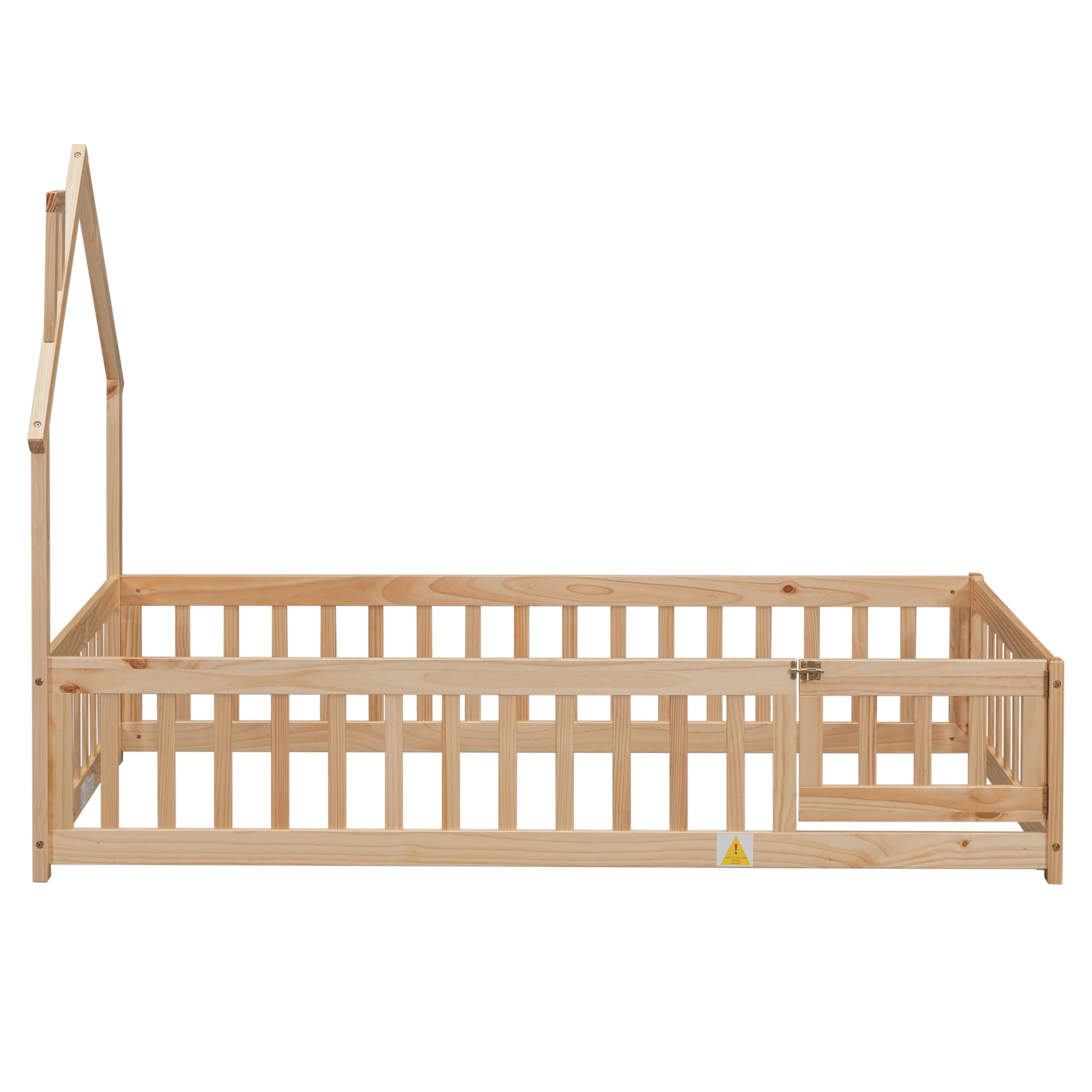 MWrouqfur Wooden Toddler Floor Bed Frame,Twin Size Montessori Bed Frame with Fence and Gate Door for Toddlers 1-3 Kids Girls Boys,House-Shaped Headboard (Natural, Twin)