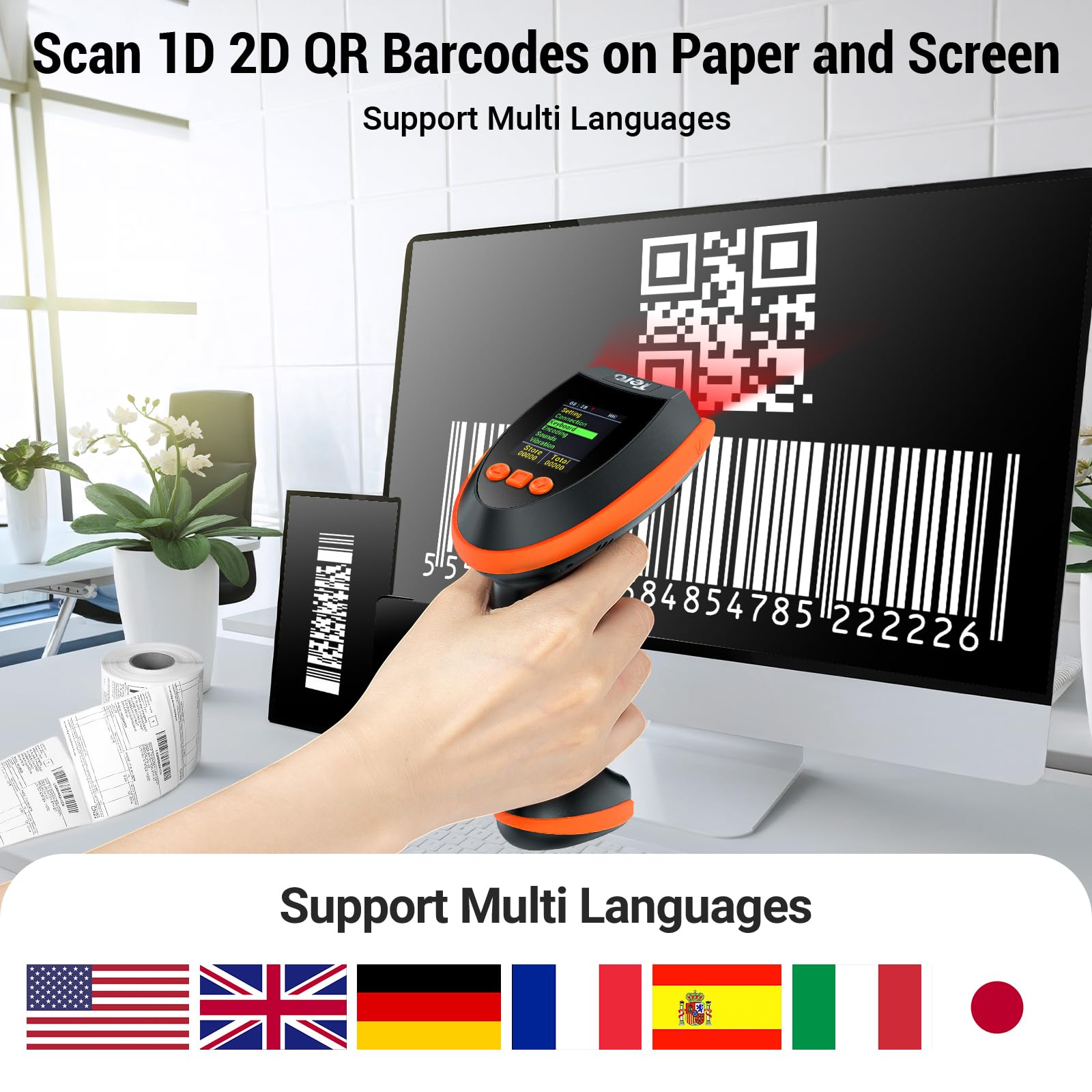 Tera Barcode Scanner Wireless 2D with Stand: Pro Version Digital Setting Screen Keypad Works with Bluetooth 2.4G Wireless USB Wired Extra Fast Scanning Speed Handheld Bar Code Reader HW0009-Z