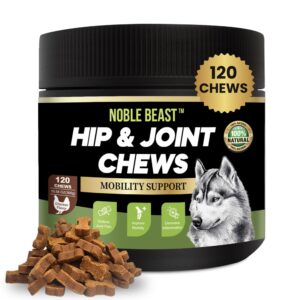 noble beast dog joint supplement - hip and joint care for dogs - all natural - soft chews with glucosamine, chondroitin, msm & hemp for dog joint relief - chicken flavor – 120 count