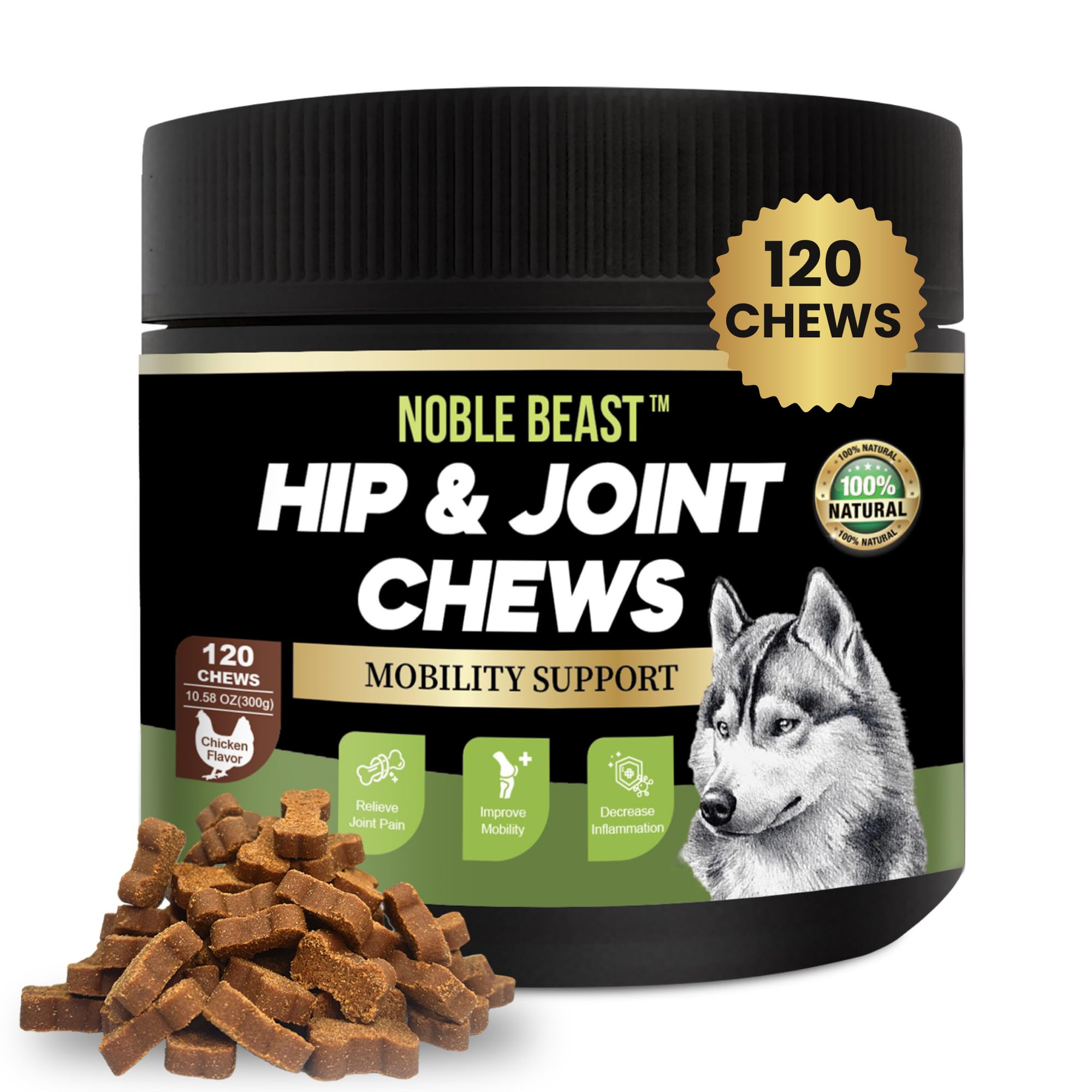 Noble Beast Dog Joint Supplement - Hip and Joint Care for Dogs - All Natural - Soft Chews with Glucosamine, Chondroitin, MSM & Hemp for Dog Joint Relief - Chicken Flavor – 120 Count