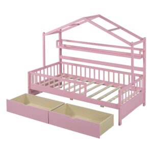 Merax Twin Bed Frames with 2 Drawers Storage Shelf Guardrail, Wooden House Shaped Platform Bed for Kids, No Box Spring Needed