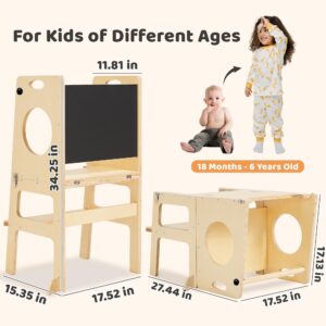 SHWWQUE Toddler Tower Step Stool for Kids Kitchen Stool Helper Toddler Standing Tower Foldable Toddler Table Kids Table and Chair Set 4 in 1 Montessori Helper Tower Natural