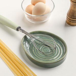 Seyatoo Ceramic Spoon Rest for Stove Top, Spoon Holder for Kitchen Counter, Farmhouse Cooking Utensil Holder for Spoons, Ladles, Spatula, Glazed Green