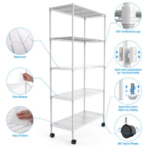 5 Tier NSF Metal Shelf Wire Shelving Unit, 60" H x 30" L x 14" D - 750lbs Capacity Heavy Duty Adjustable Storage Rack with Wheels & Shelf Liners for Closet Kitchen Garage Basement and More - White