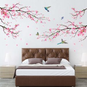 Amimagen Pink Watercolor Cherry Blossom Wall Stickers - Tree Branch Flower Birds Wall Decals - Bedroom Living Room Sofa TV Background Home Wall Decor