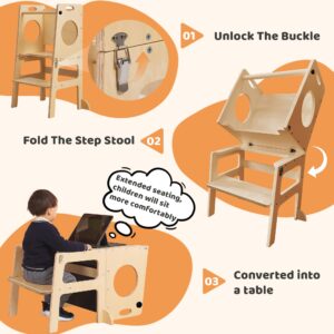 SHWWQUE Toddler Tower Step Stool for Kids Kitchen Stool Helper Toddler Standing Tower Foldable Toddler Table Kids Table and Chair Set 4 in 1 Montessori Helper Tower Natural