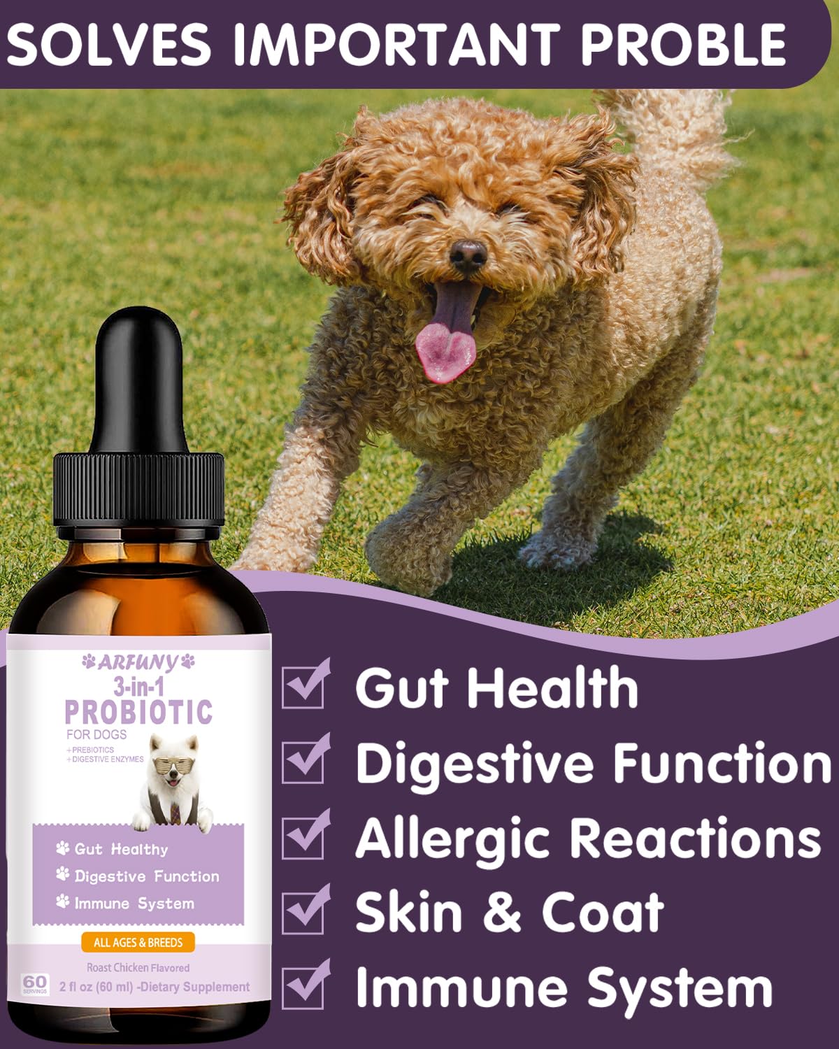 Probiotics for Dog | 60ML Liquid Probiotics for Dogs Support Gut Flora, Digestive Health & Diarrhea| Dog Digestive Enzymes & Prebiotics | Dogs Probiotics Allergies & Itchy Skin Relief | Roast Chicken