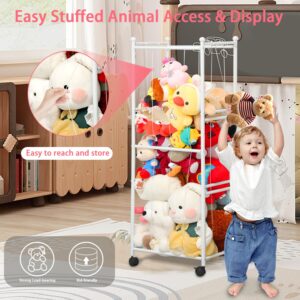 【Metal Tubes】Stuffed Animal Storage, Plush Toy Storage Organizer Shlf, Extra Large Stuffed Animal Holder With 360° Brake Wheels, Stuffed Animal Zoo Storage For Nursery Playroom Kids Room, White