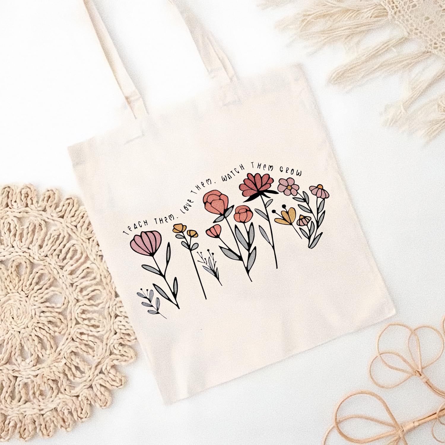 Glowave Canvas Tote Bag with Flower Pattern Teacher Tote Bag Beach Bag Cute Shopping Bags Shoulder Bag Reusable Grocery Bags