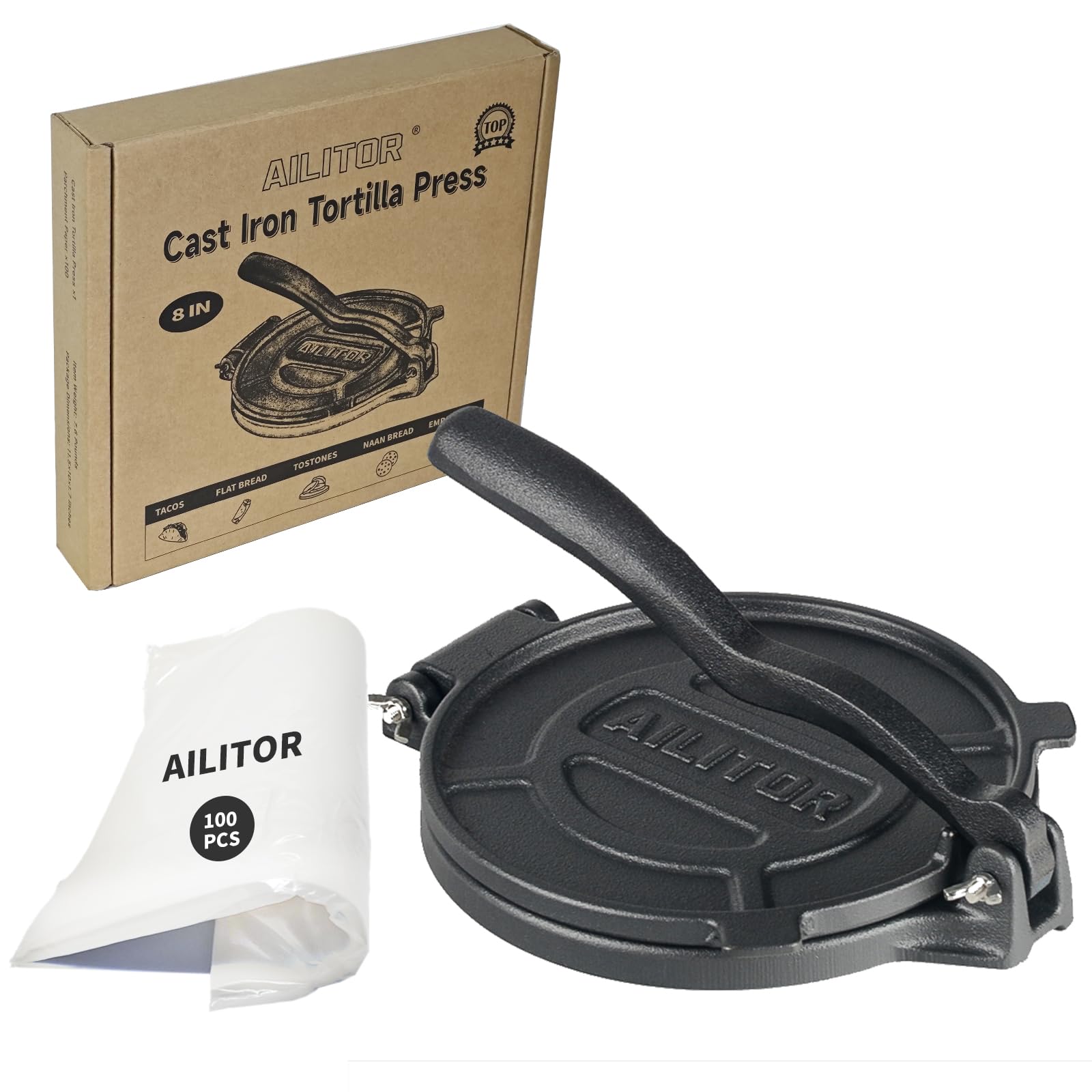 AILITOR Cast Iron Tortilla Press 8 Inch - Taco Press and Tortilla Maker Press, Heavy Duty Tortilla Press Cast Iron, Prensa para Tortillas, Tortilladora, Pataconera Press with 100 Pcs Parchment Paper