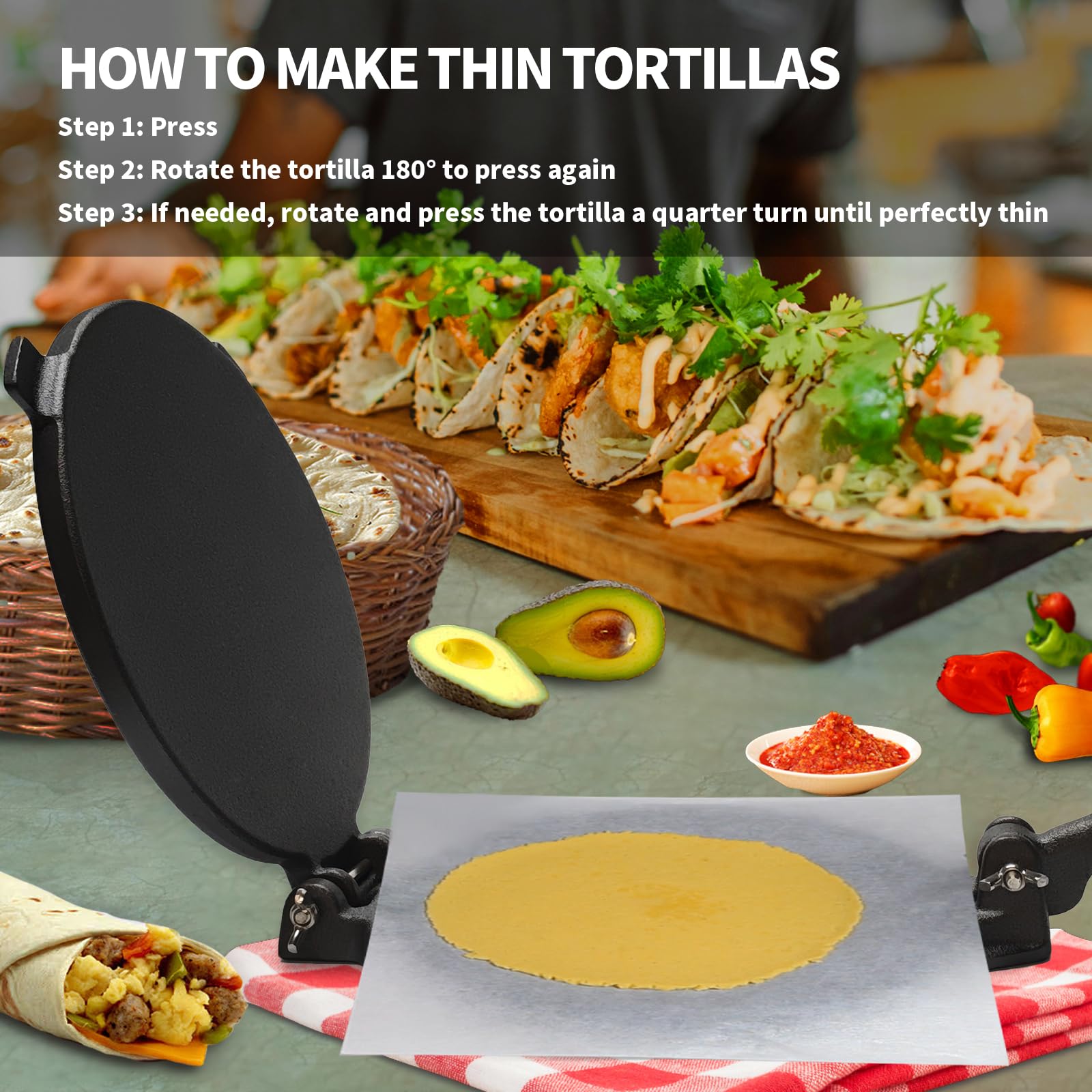 AILITOR Cast Iron Tortilla Press 8 Inch - Taco Press and Tortilla Maker Press, Heavy Duty Tortilla Press Cast Iron, Prensa para Tortillas, Tortilladora, Pataconera Press with 100 Pcs Parchment Paper