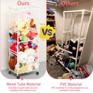 【Metal Tubes】Stuffed Animal Storage, Plush Toy Storage Organizer Shlf, Extra Large Stuffed Animal Holder With 360° Brake Wheels, Stuffed Animal Zoo Storage For Nursery Playroom Kids Room, White