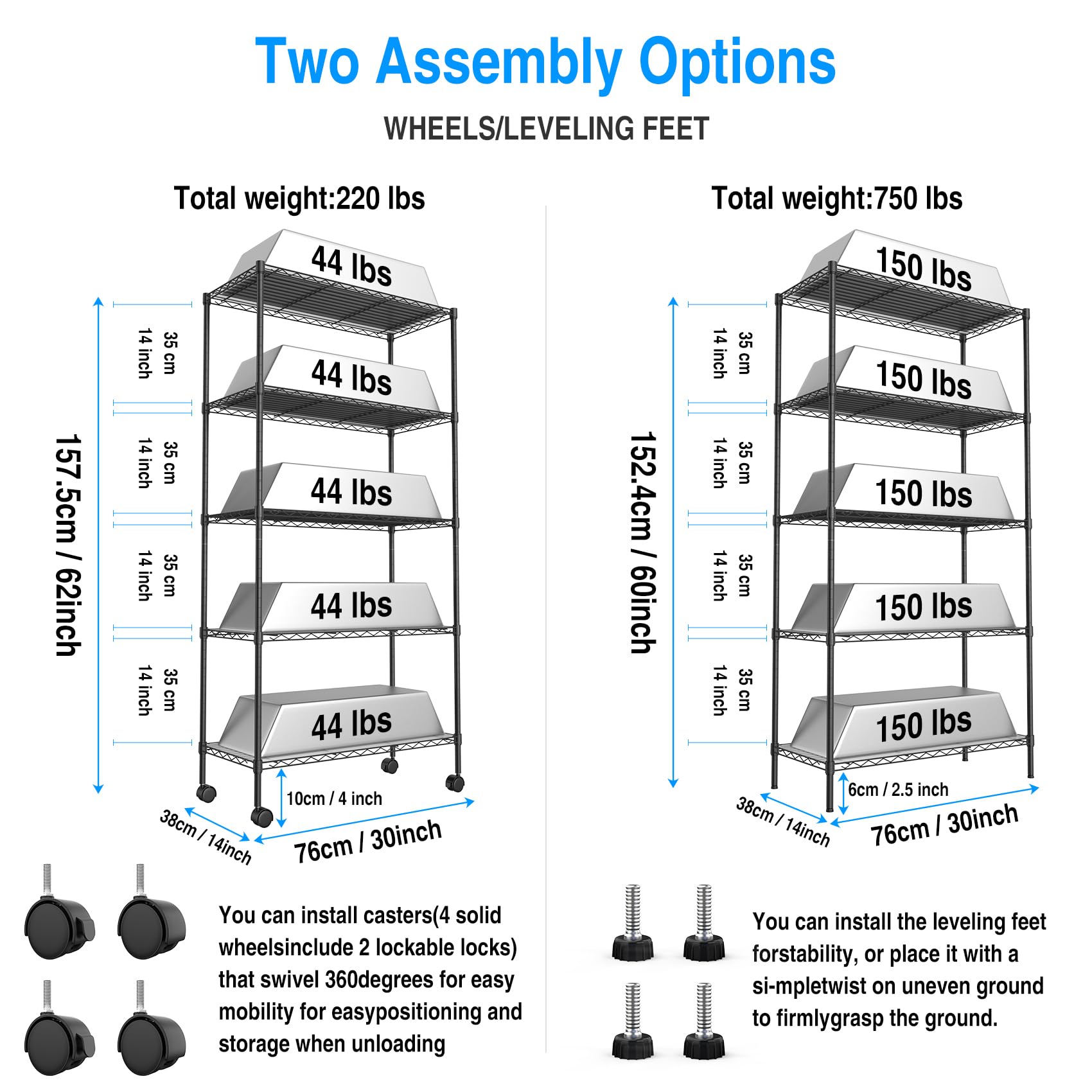 pouseayar 5 Tier NSF Metal Shelf Wire Shelving Unit, 60" H x 30" L x 14" D - 750lbs Capacity Heavy Duty Adjustable Storage Rack with Wheels & Shelf Liners - Black Set of 2