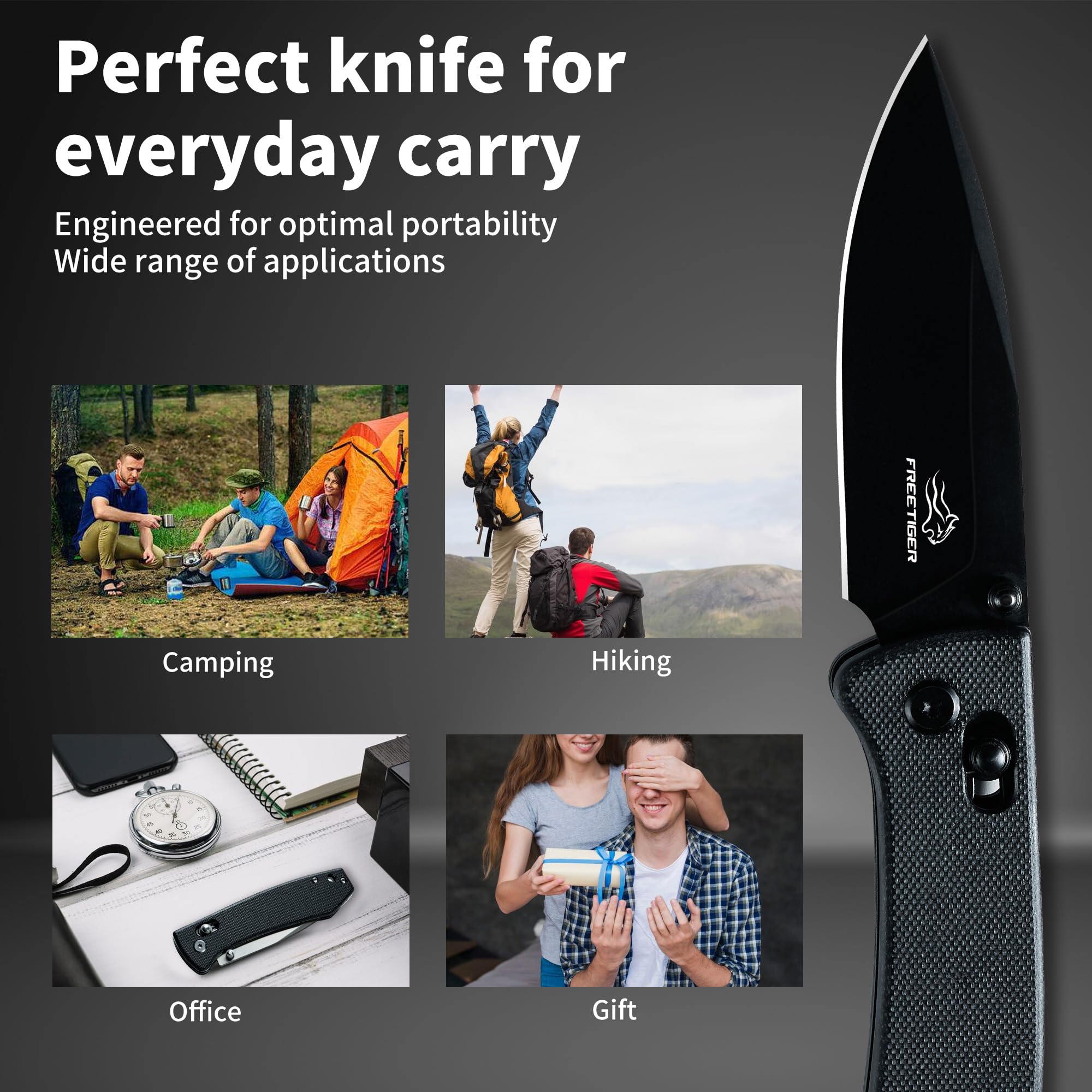 FreeTiger Folding Pocket Knife - Small EDC Pocket Knife with Axis Lock - 3.43" D2 Steel Blade, Sharp Camping Hiking Knife with Pocket Clip, Unique Tool Gift for Men FT2103-BKB