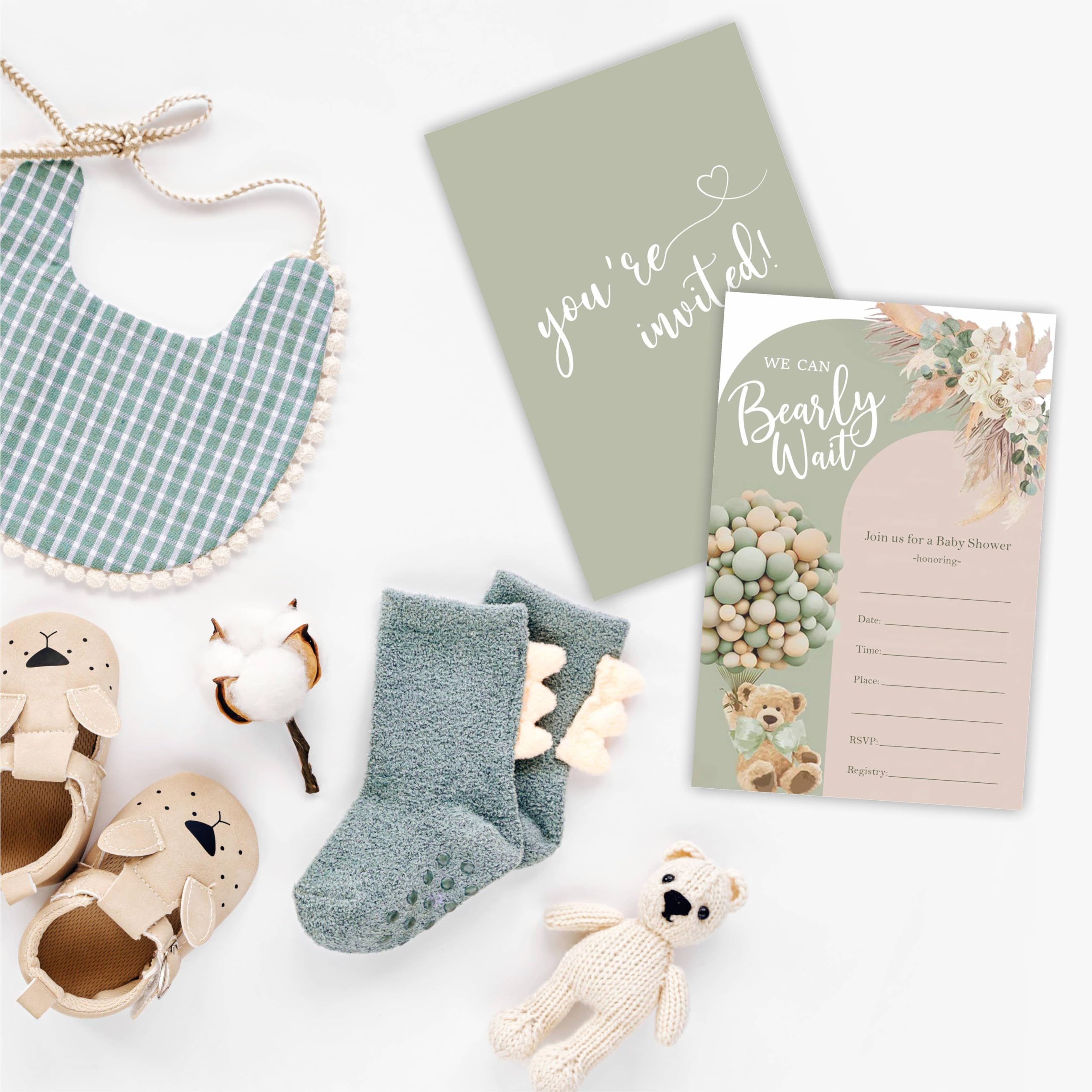 We Can Bearly Wait Baby Shower Invitation, 20 Boho Floral & Bear Balloon Double-Sided Fill-In Invites With Envelopes, For Boys And Girls Baby Announcement, Gender Reveal Party Favor & Supplies - B01