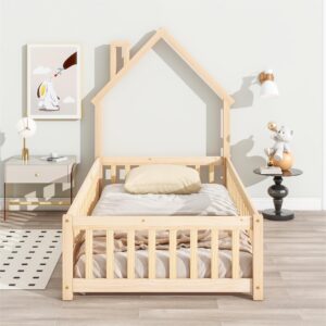 MWrouqfur Wooden Toddler Floor Bed Frame,Twin Size Montessori Bed Frame with Fence and Gate Door for Toddlers 1-3 Kids Girls Boys,House-Shaped Headboard (Natural, Twin)