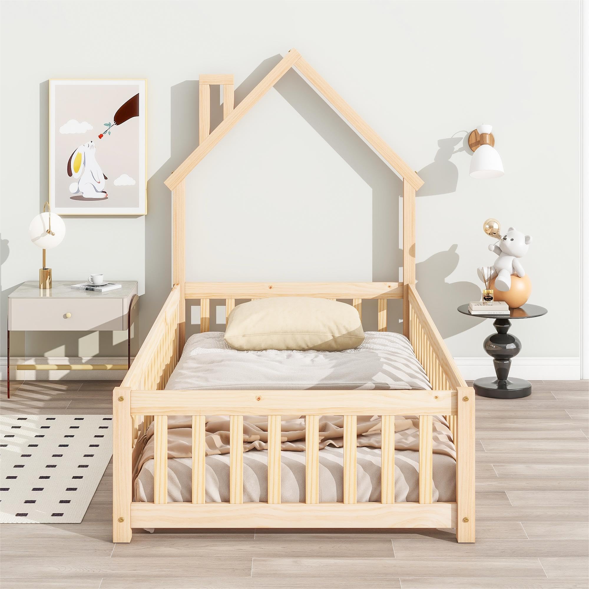 MWrouqfur Wooden Toddler Floor Bed Frame,Twin Size Montessori Bed Frame with Fence and Gate Door for Toddlers 1-3 Kids Girls Boys,House-Shaped Headboard (Natural, Twin)