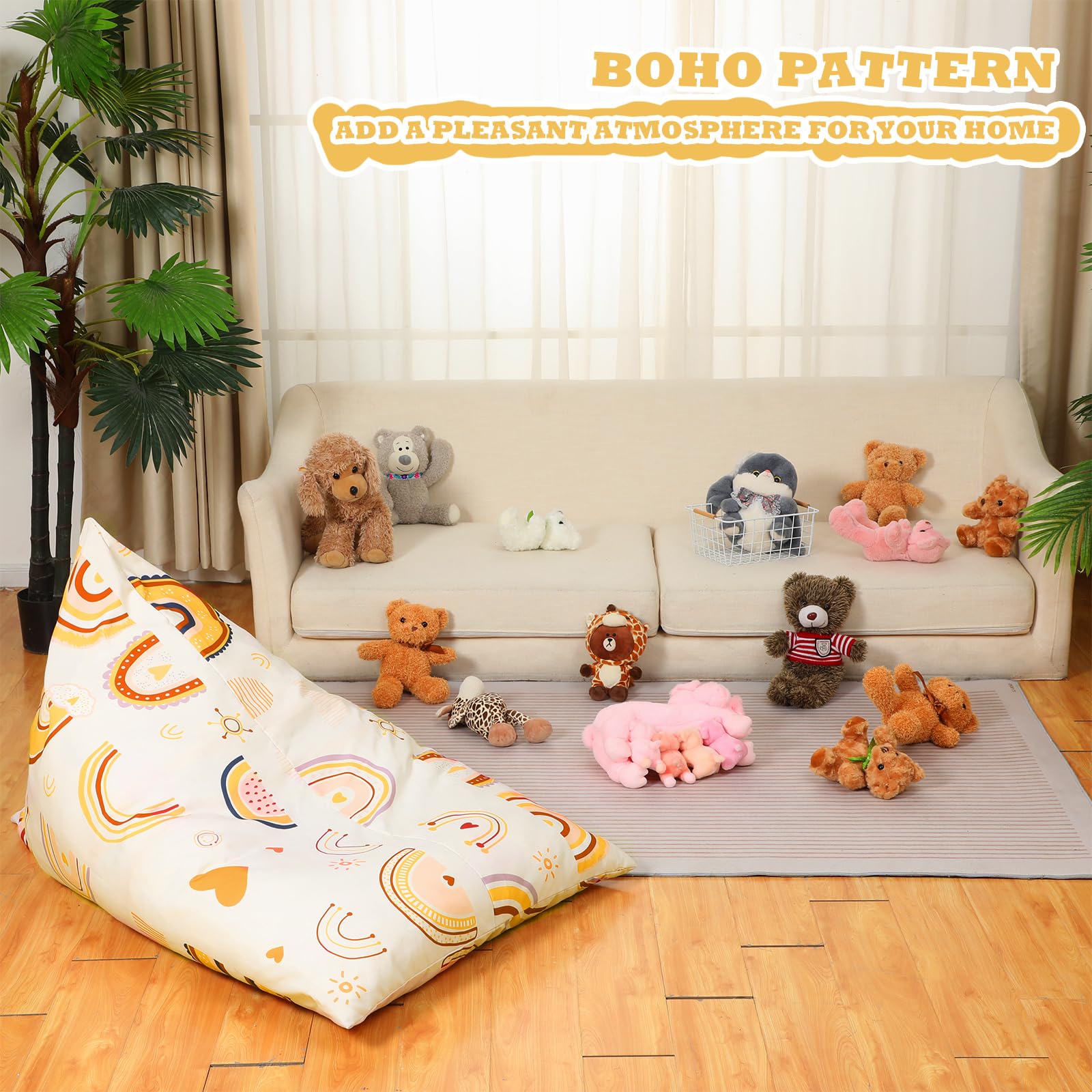 Boho Bean Bag Chair Cover Stuffed Animal Storage Bean Bag Bean Bag Cover Canvas Stuff Animal Storage Organizer Holder Unicorn Beanbag Seats Furniture for Playroom Bedroom