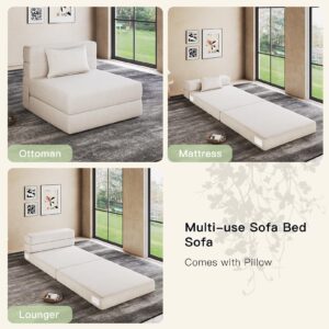 Luoxiao Folding Sofa Bed Single with Pillow, Portable Foldable Sofa Bed for Travel, Camping, Guest, Folding Lounge Chaise with Breathable & Washable Cover, Convertible and Easy to Storage， Off White